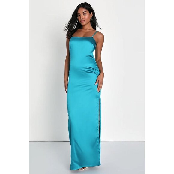 Lulus Dresses & Skirts - NWT Lulus Easy Radiance Satin Slip Maxi Dress Sleeveless Leg Slit Gown Teal Blue
